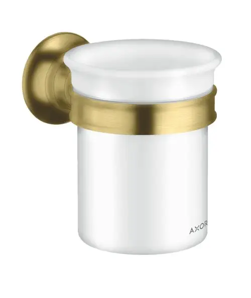 Zahnputzbecher mit einer weißen Glasoberfläche und einem goldfarbenen Metallring, montierbar an der Wand. Produkt von AXOR.
